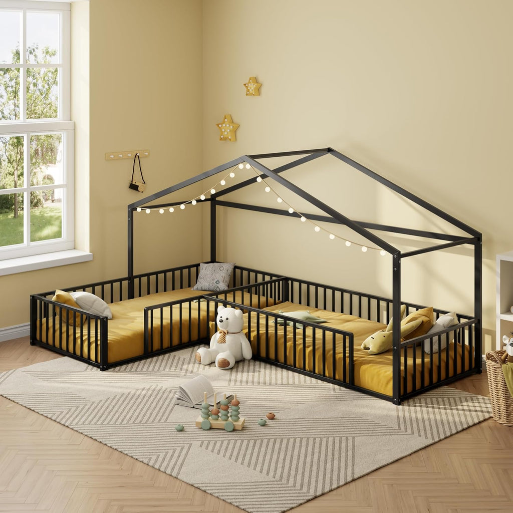 Double Twin Size L-Shaped Montessori Floor Bed Without Slats, Metal Corner House Bed Frame with Fence, Black
