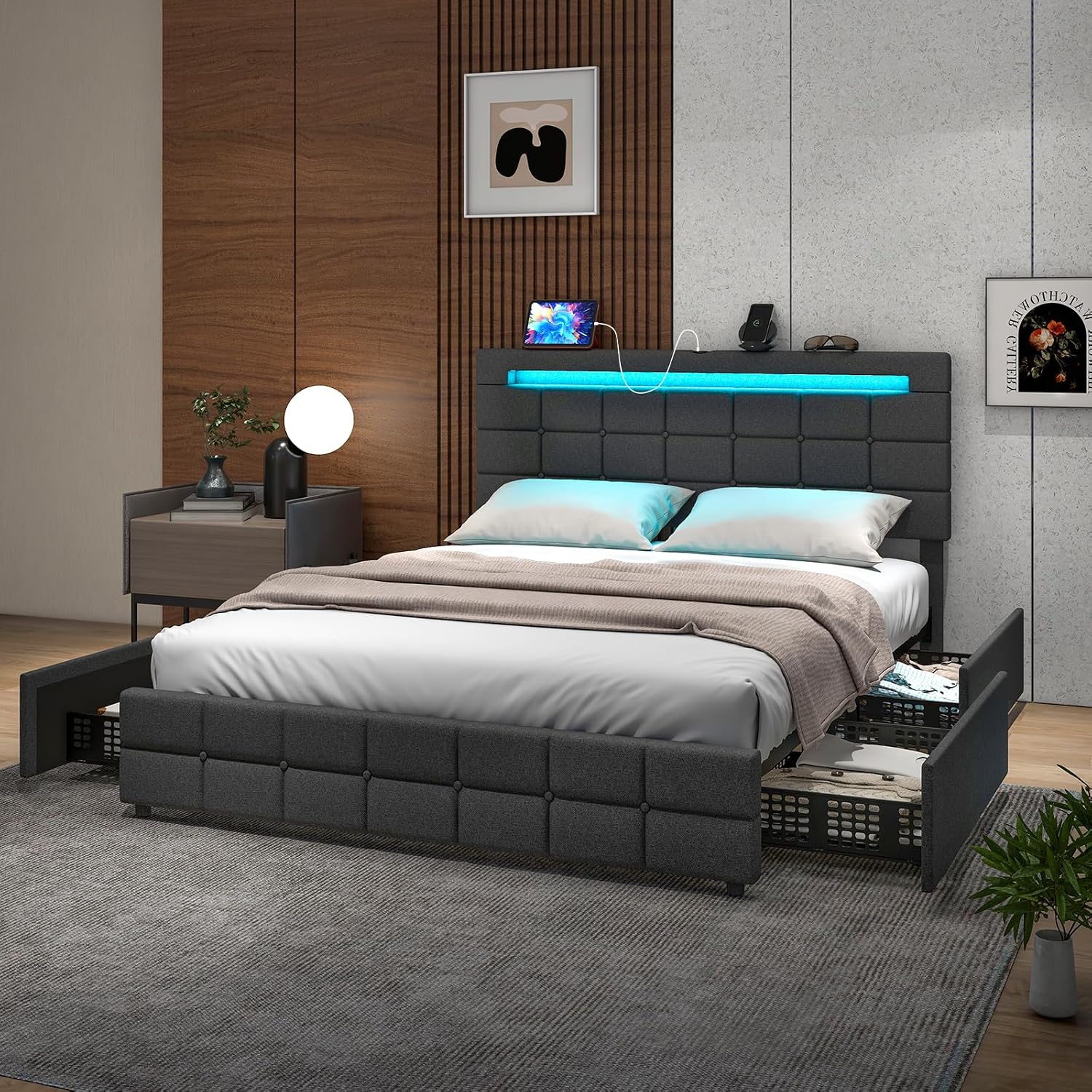 Giantex Queen Bed Frame with LED Lights and 4 Drawers, Upholstered Platform Bed Frame with USB Ports, Tufted Adjustable Headboard Design, Solid Wooden Slat Support, No Box Spring Needed