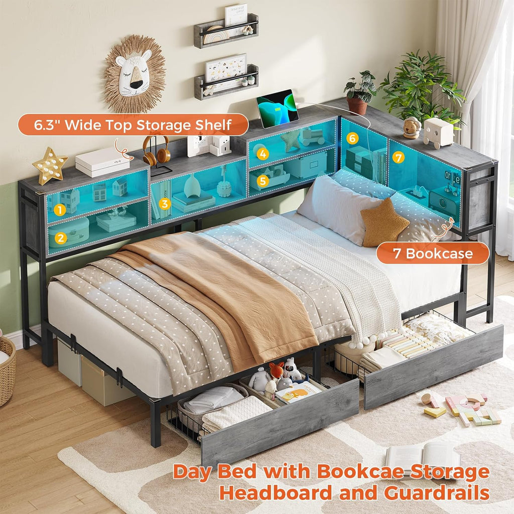 DICTAC Corner Bed Frame with Bookcase Storage and Led Lights Twin XL Metal Platform Beds with 2 Drawers and Charging Station Twin XL Daybed with Storage for Living Room,Bedroom & Guest Room,Oak Gray