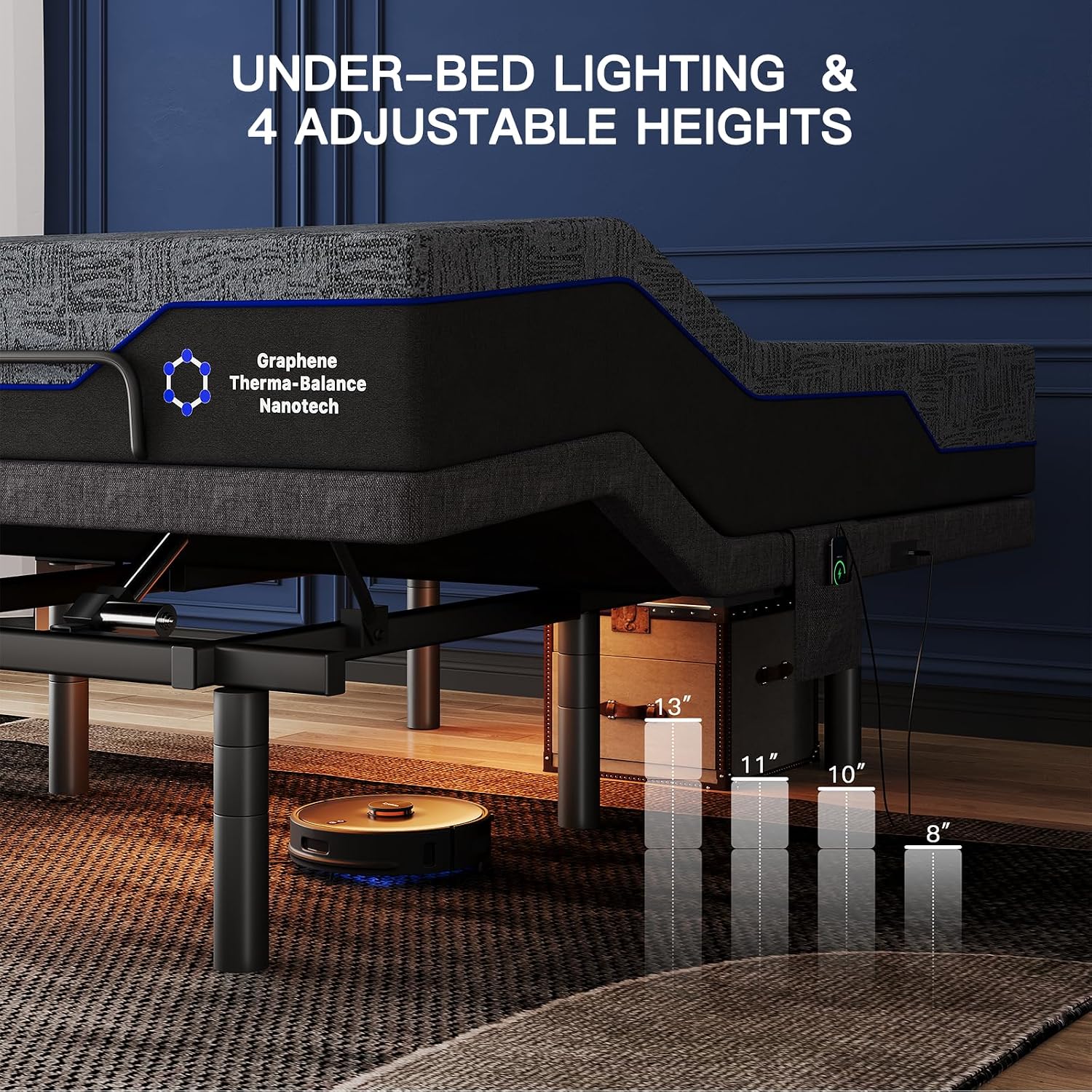 Pipishell Full Adjustable Bed Frame and 12 Inch Memory Foam Mattress with Massage, Zero Gravity, Anti-Snore, Head and Foot Incline, Wireless Remote, 4 USB Ports, LED Night Light, Medium Firm Support