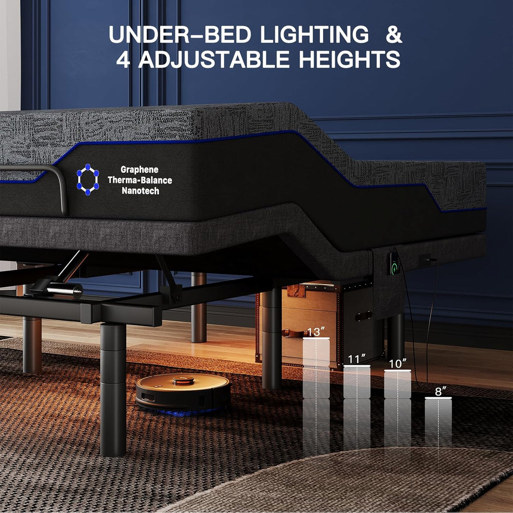 Pipishell Twin XL Adjustable Bed Frame and 14 Inch Memory Foam Mattress Set with Massage, Electric Bed Base with Gel Memory Foam, 4 Leg Height Options, LED Night Light, Wireless Remote