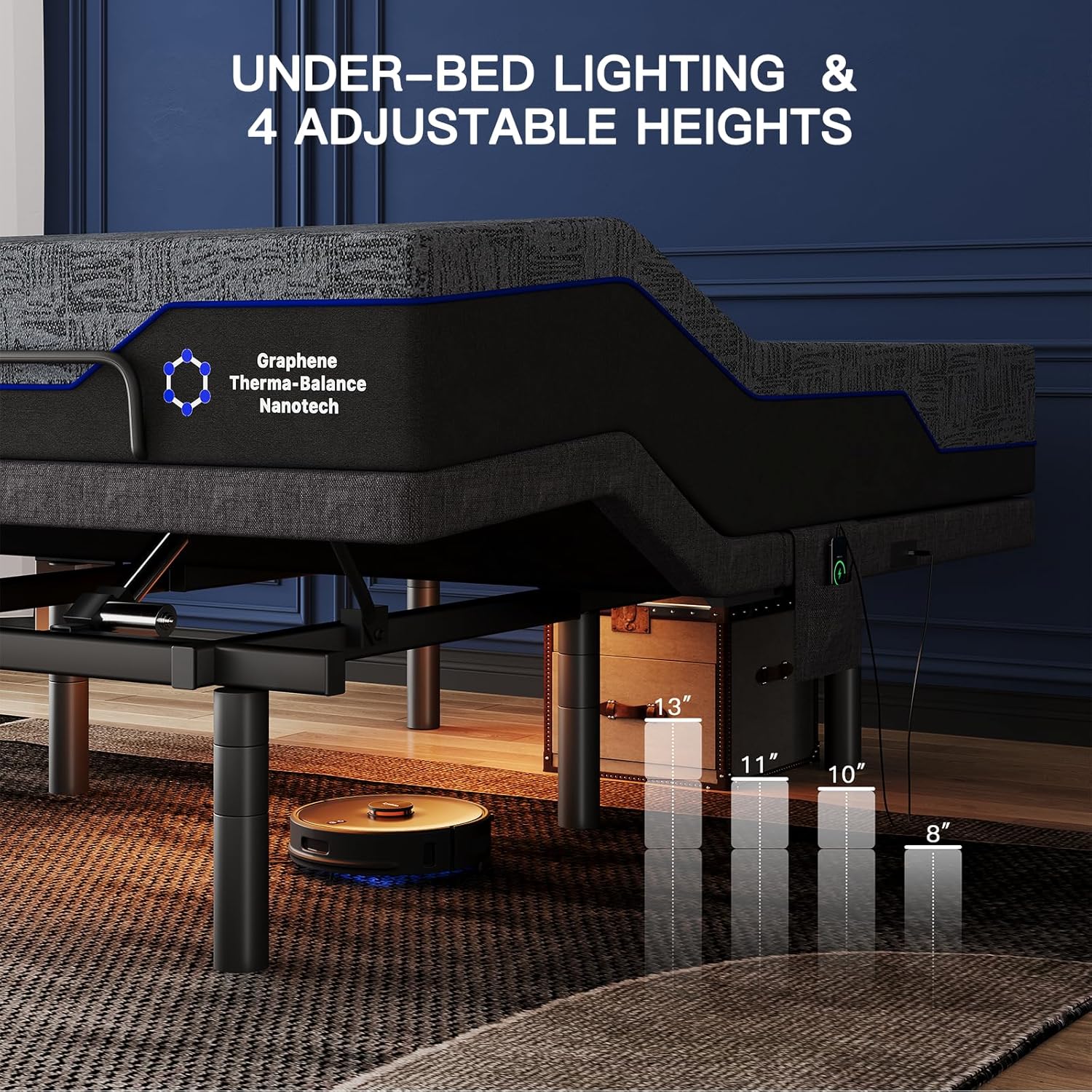 Pipishell Twin XL Adjustable Bed Frame and 14 Inch Memory Foam Mattress Set with Massage, Electric Bed Base with Gel Memory Foam, 4 Leg Height Options, LED Night Light, Wireless Remote