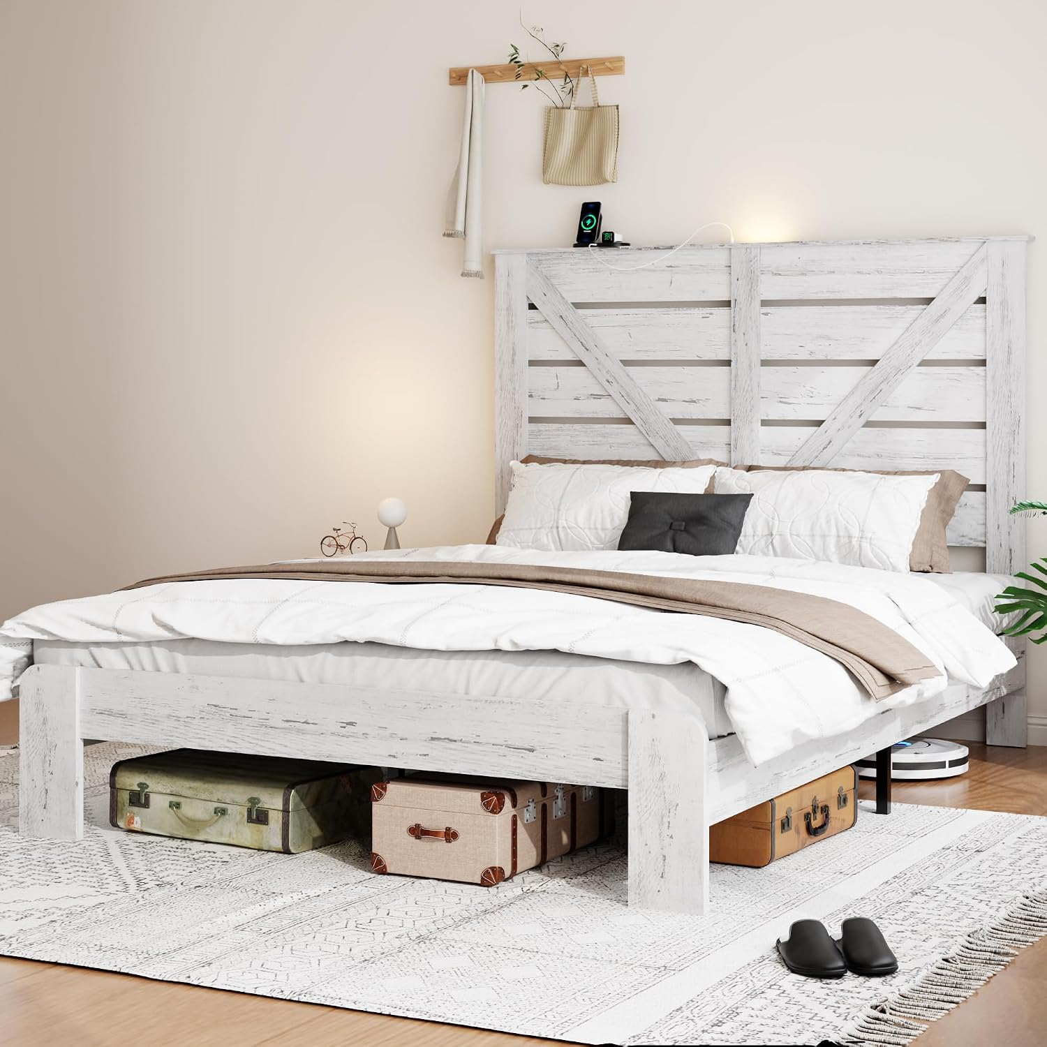 Full Size Bed Frame with Headboard – Farmhouse Style Platform with LED Lights USB Charging No Box Spring Easy Assembly White Boho Bed Frame Modern Bedroom Sets (Boho White, Full)