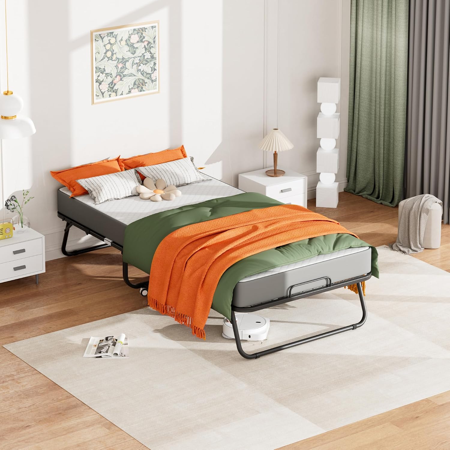 Greenvelly Folding Bed with 5 Inch Mattress, 75' x 31' Portable Rollaway Bed with Memory Mattress, Foldable Bed with Metal Frame for Adults,Guest,Space-Saving