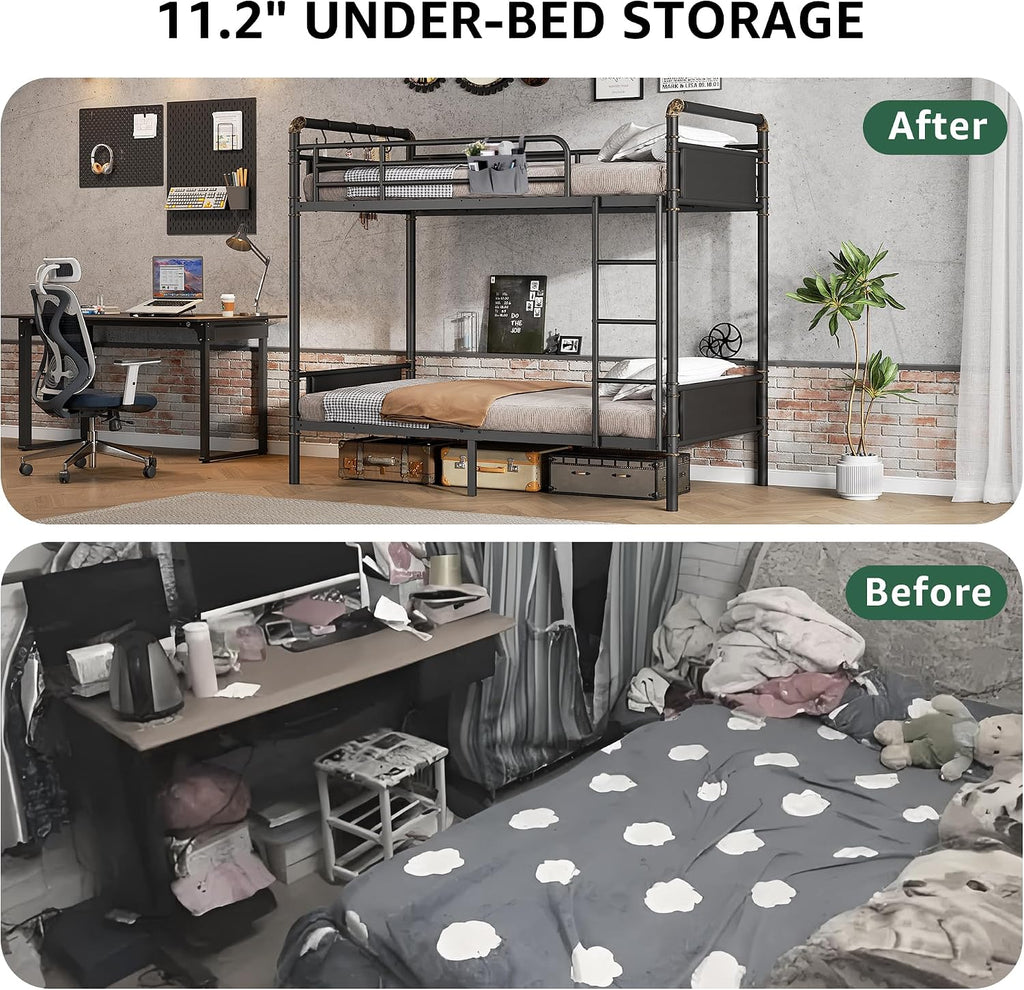 Jocoevol Metal Bunk Bed Twin Over Twin, Industrial Bunkbeds Heavy Duty Bed with Safety Guard Rails and Space-Saving Design, Steel Bed for School, Bedroom (Black)