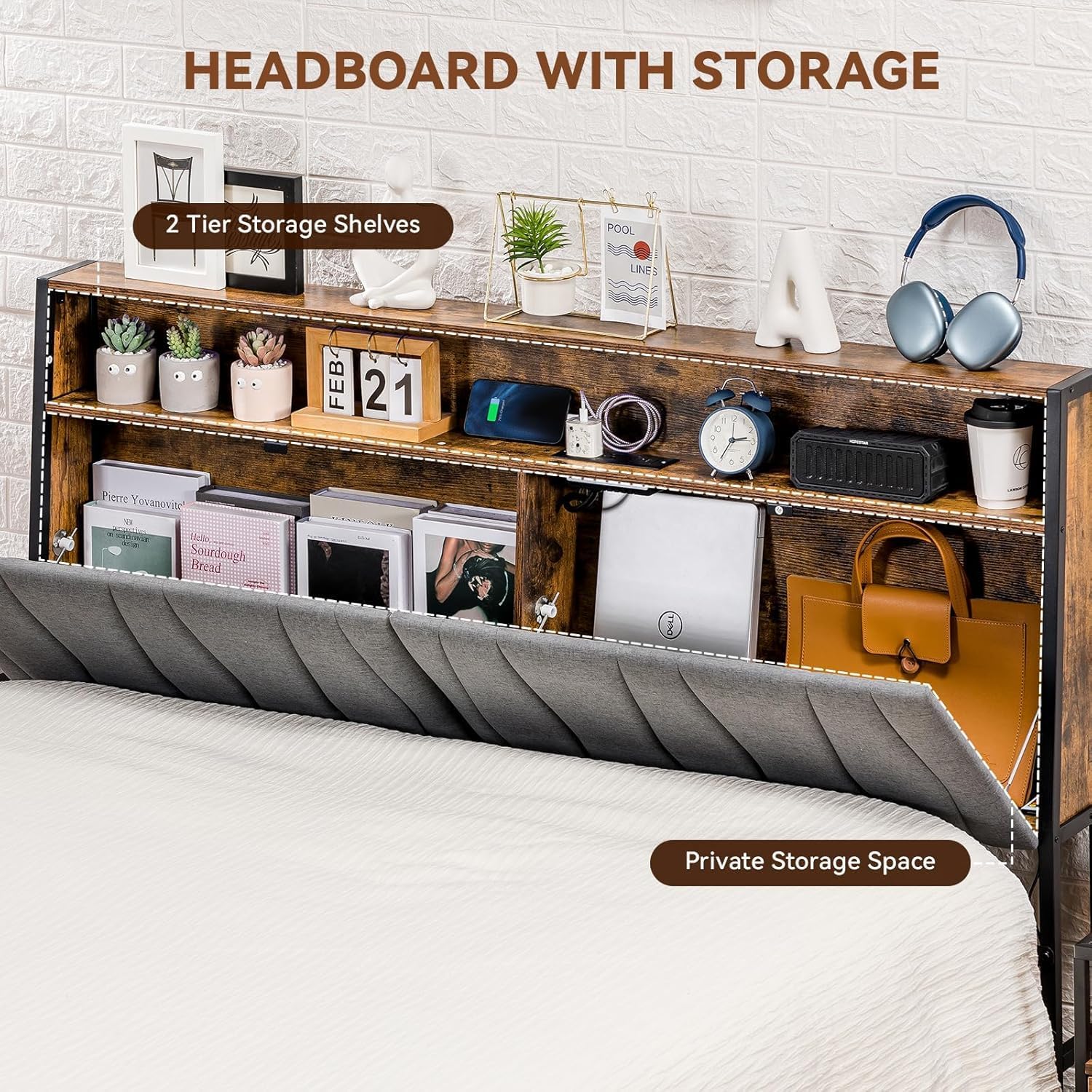 COMHOMA Queen Size Platform Bed Frame with LED Lights and Charging Station, Storage Headboard and Footboard Drawers, No Box Spring Needed, Rustic Wood Look