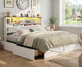 AOGLLATI Queen Bed Frame with Storage Bookcase Headboard and 4 Drawers,Wooden Farmhouse Led Bed Frame Queen Size with Charging Station & Metal Slats,White