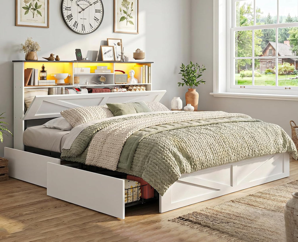 AOGLLATI Farmhouse Bed Frame Full Size with 4 Storage Drawers and Charging Station, Wooden Full Size Bed Frame with Hidden Space Bookcase Headboard and Led Lights & Metal Slats, White