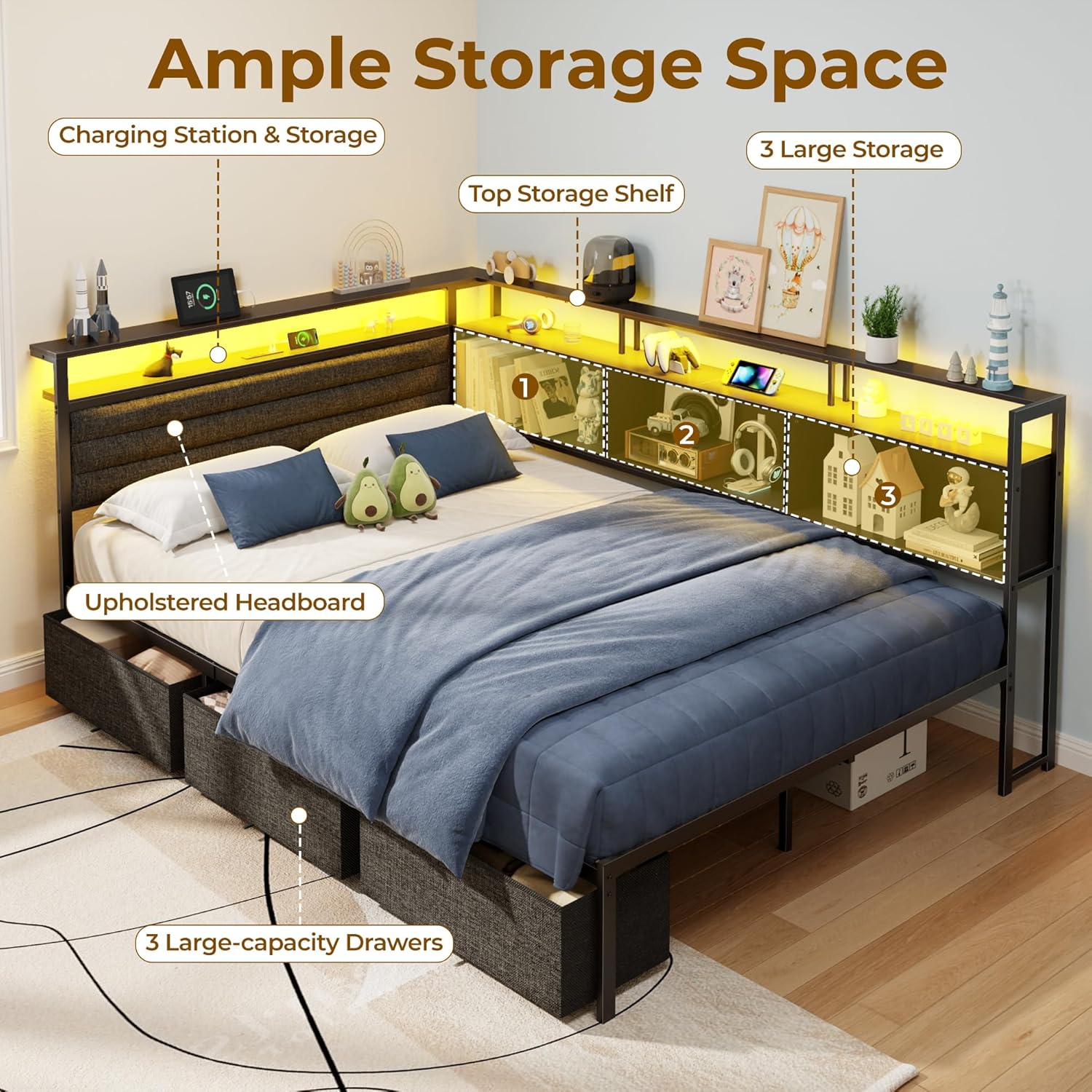 OURPIC Full Size Bed Frame with Headboard and Storage Drawers, Full Metal Platform Corner Bed Frame with Charging Station and LED Lights, Heavy Duty Strong Support Slats and Easy to Assemble, Black