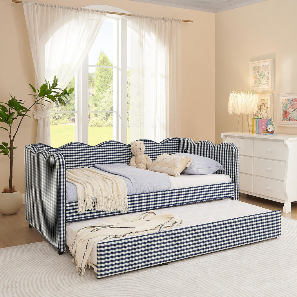 Deolme Twin to King Daybed with Trundle, USB Ports Soft Upholstered Daybed with Pop Up Trundle Bed Twin, Modern Extendable Day Bed Frame for Kids Bedroom Living Room Guest Room Small Places Navy Blue