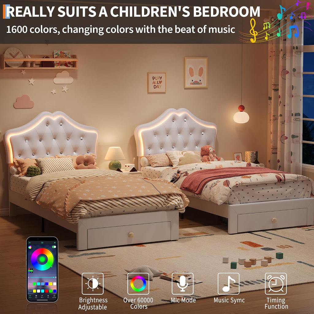 Garvee Twin Size Bed Frame with LED Lights & Velvet Crystal Button Headboard, Upholstered Boy/Girl Platform Bed with Storage Drawer, Noise Free, No Box Spring Needed for Kids, Teens, Beige