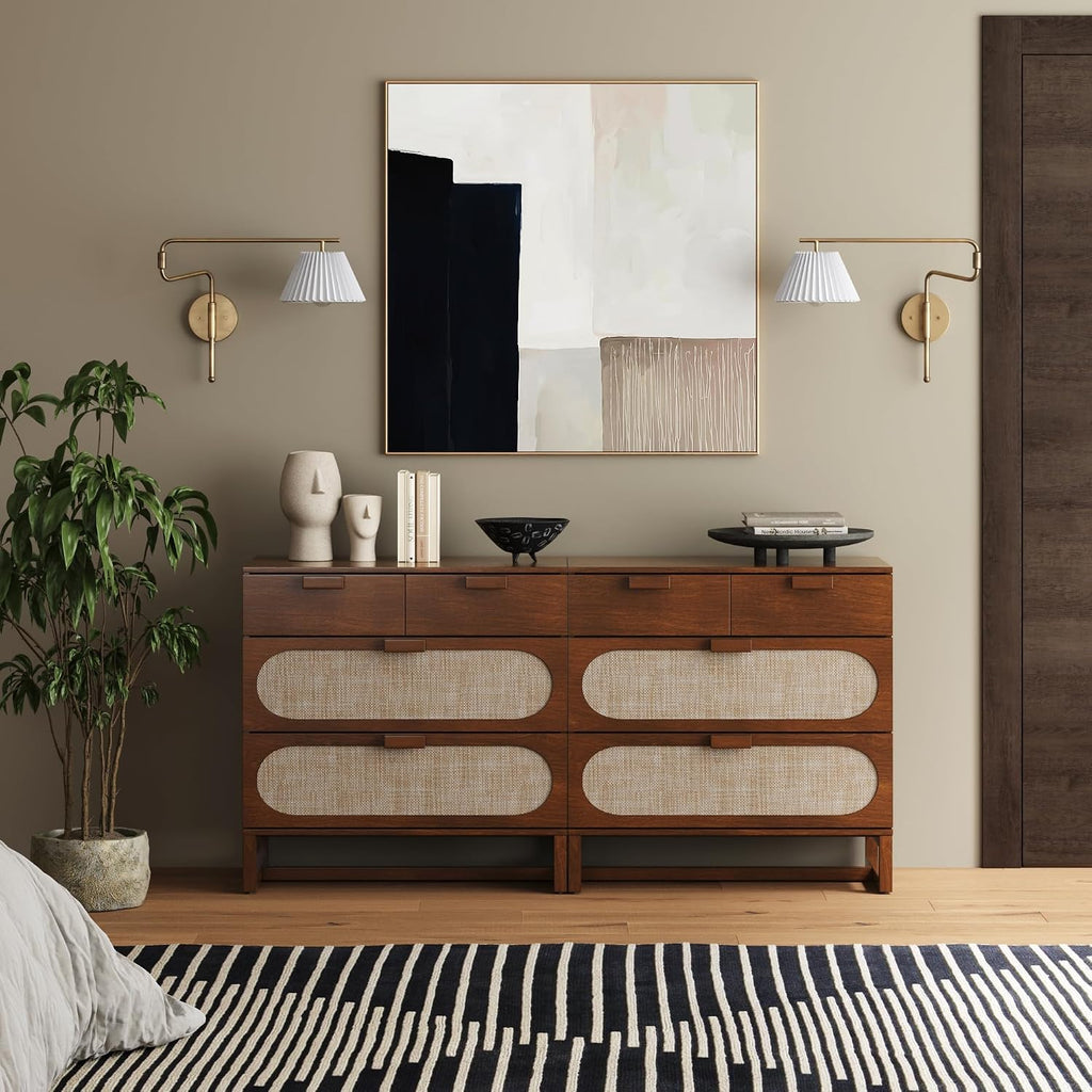 Nathan James Paxton Mid-Century Modern Dresser for Bedroom, 3-Drawer Dresser with Solid Wood Frame and Textilene Rattan Accent, Dark Walnut, Set of 2
