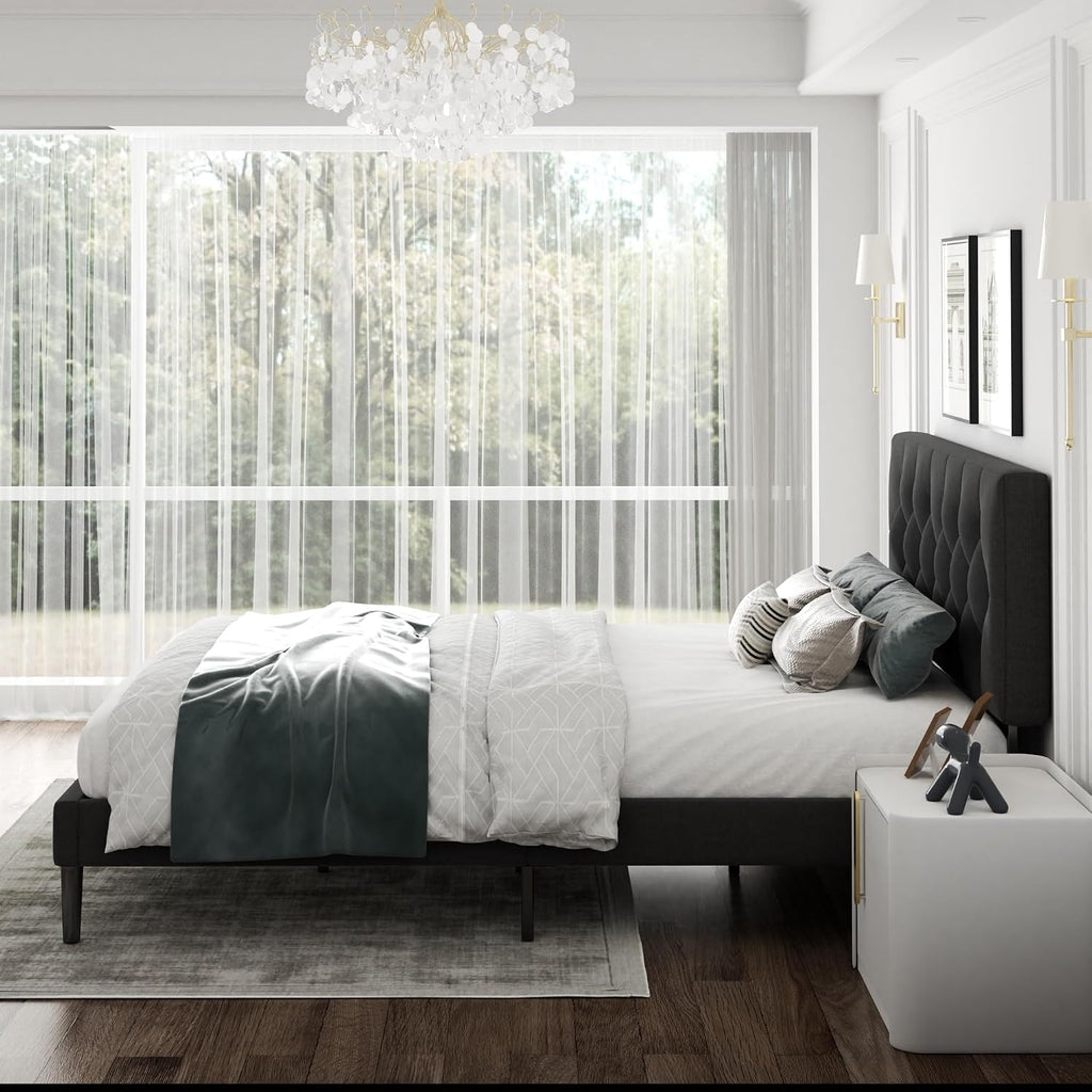 CXVX Queen Size Platform Bed Frame with Upholstered Headboard, Button Tufted Design, Strong Wooden Slats, No Box Spring Needed, Easy Assembly, Noise Free