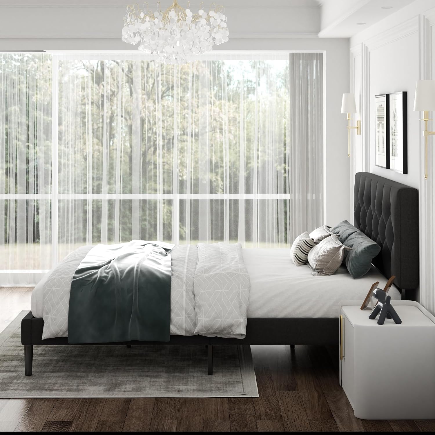 CXVX Queen Size Platform Bed Frame with Upholstered Headboard, Button Tufted Design, Strong Wooden Slats, No Box Spring Needed, Easy Assembly, Noise Free