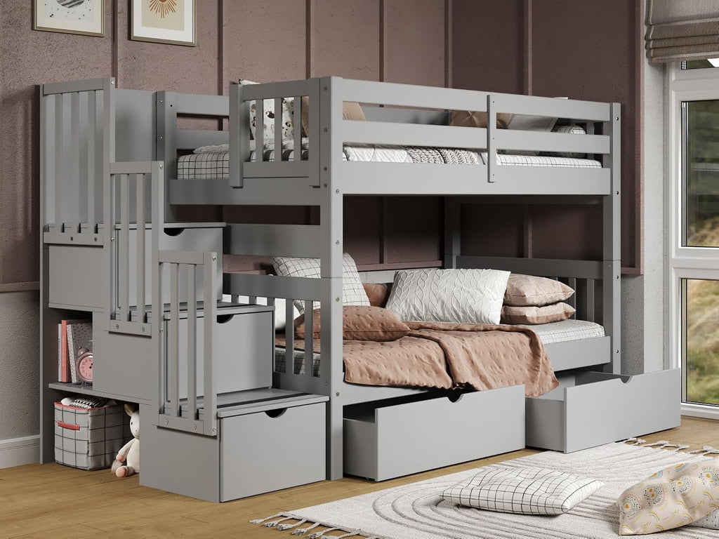 Bedz King Stairway Bunk Beds Twin Over Twin with 3 Drawers in the Steps and 2 Under Bed Drawers, Grey
