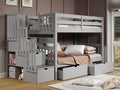 Bedz King Stairway Bunk Beds Twin Over Twin with 3 Drawers in the Steps and 2 Under Bed Drawers, Grey