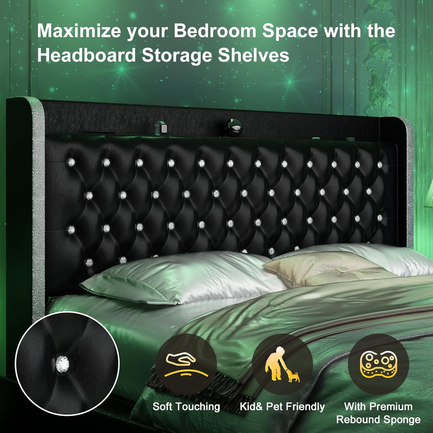 GEGOFORU Queen Bed Frame with LED Lights & Galaxy Projector, Modern Wingback Platform with 4 Storage Drawers, USB Ports, Noise-Free Solid Wood Slats, No Box Spring Needed, PU Black