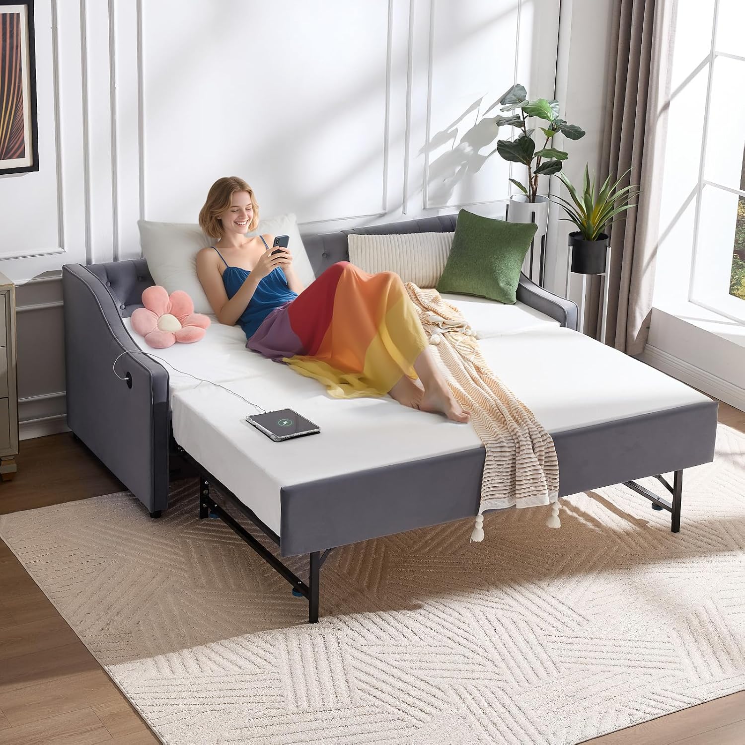 Twin to King Daybed with Trundle, USB Ports Soft Upholstered Daybed with Pop Up Trundle Bed Twin, Modern Extendable Day Bed Frame for Girls Bedroom Living Room Guest Room Small Places Dark Grey