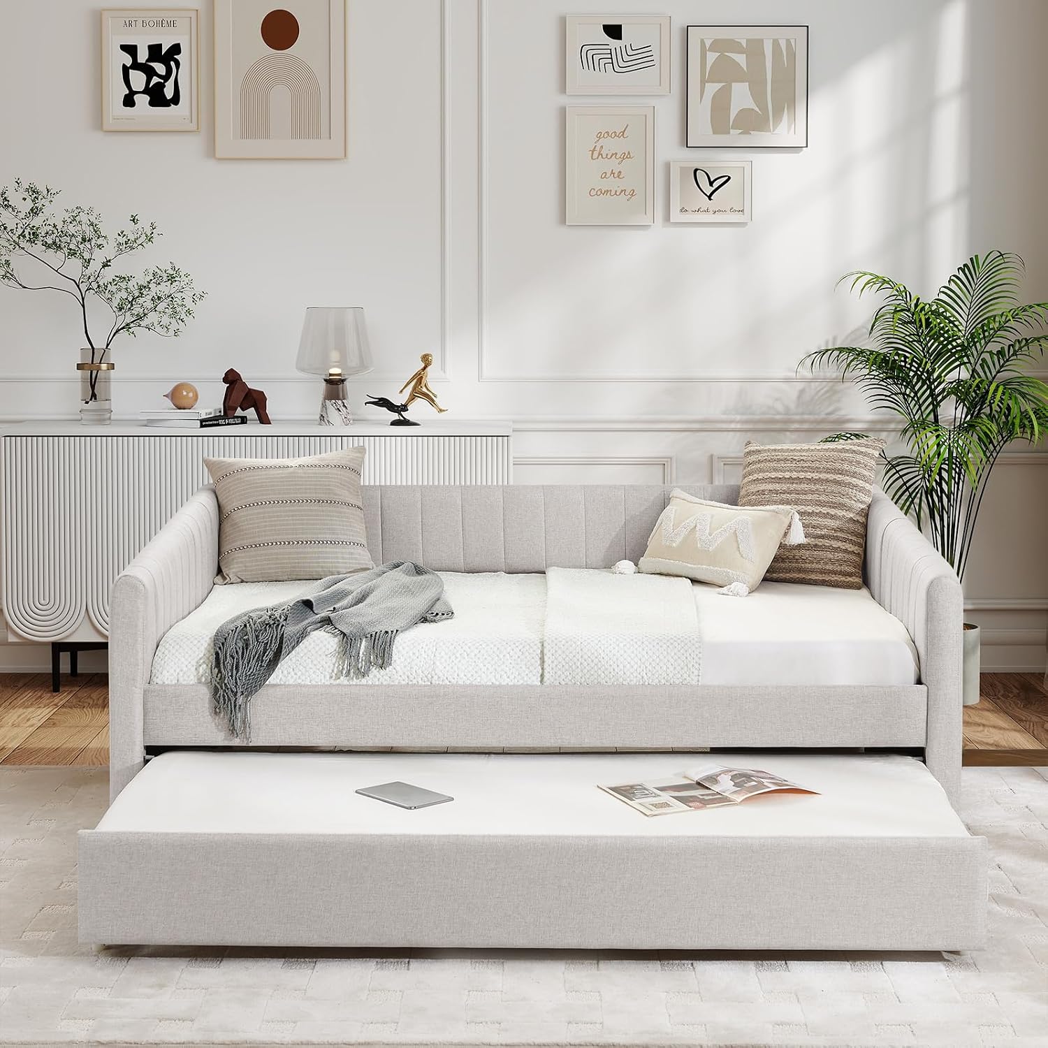 Twin to King Daybed with Trundle, USB Ports Soft Upholstered Daybed with Pop Up Trundle Bed Twin , Modern Extendable Day Bed Frame for Kids Bedroom Living Room Guest Room Small Places Linen White
