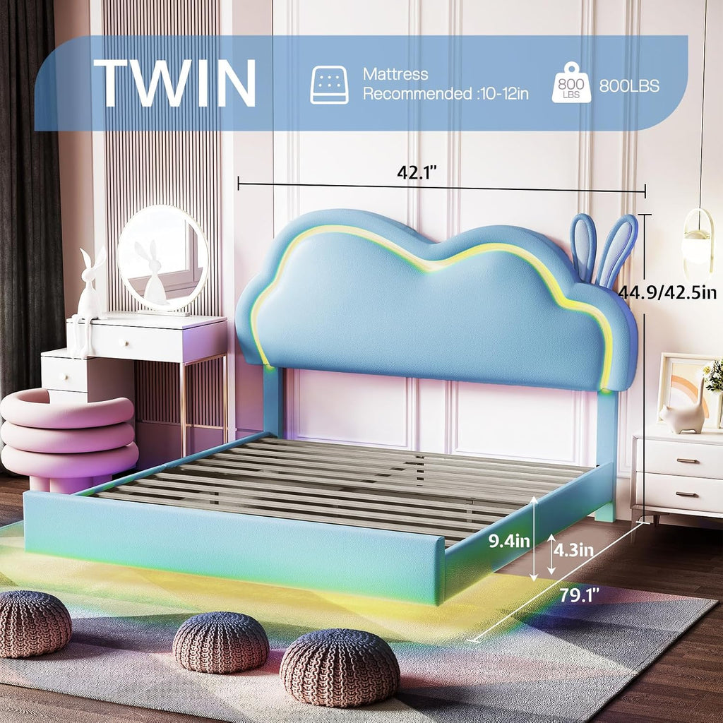 Jocisland Twin Size Floating Bed Frame, Faux Leather Upholstered Platform Bed with LED Lights, Adjustable Cloud Headboard, No Box Spring Needed, Blue | Bunny Ears Design, Multi-Color Lighting, Hidden Bed Legs, Dreamy room vibe, Easy Clean Surface
