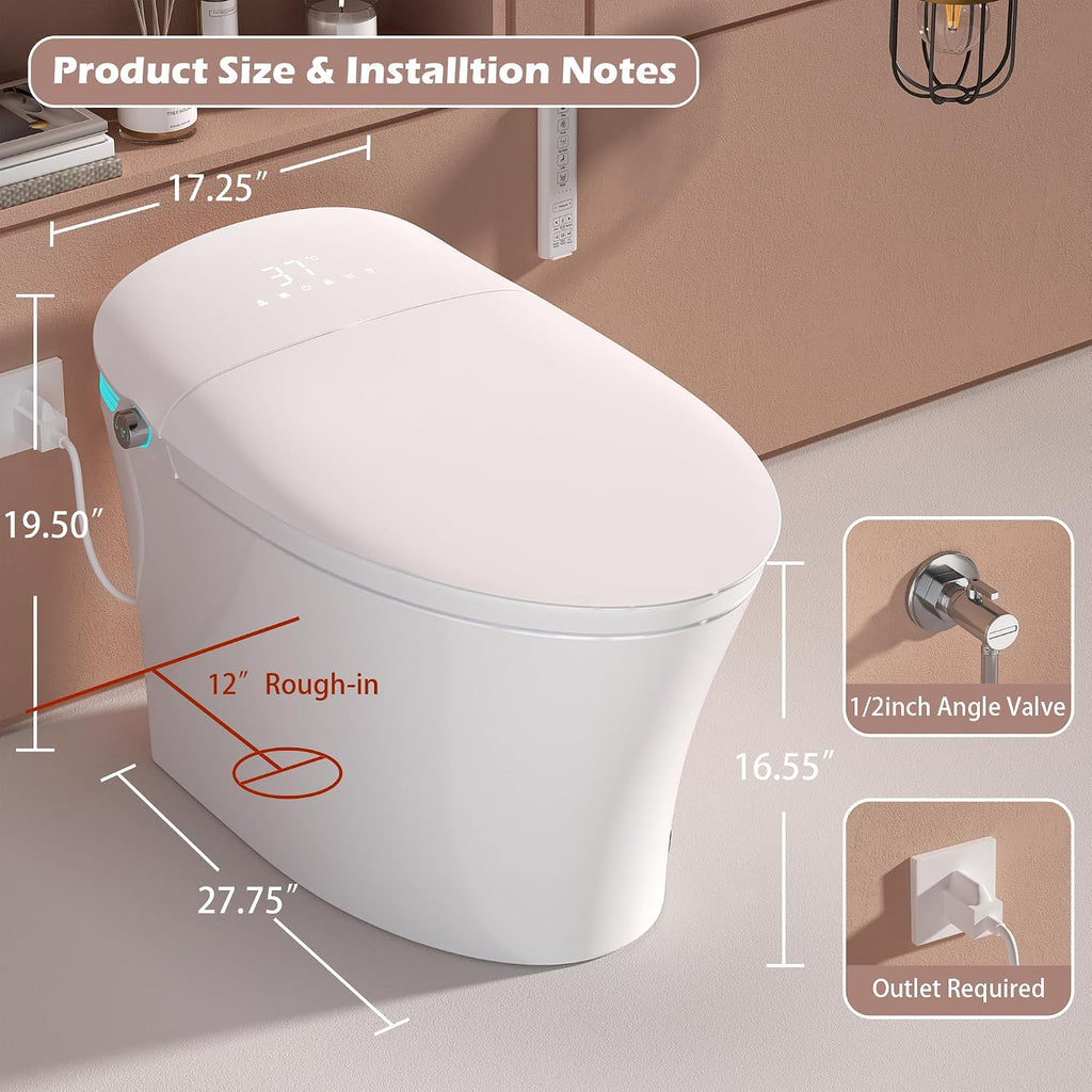 WinZo Smart Toilet With Bidet, ADA One-Piece Elongated, Auto Open/Close & Flush, Heated Seat, Front & Rear Wash, LED Display, Night Light, 12-inch Rough-in, White, Ceramic (White)