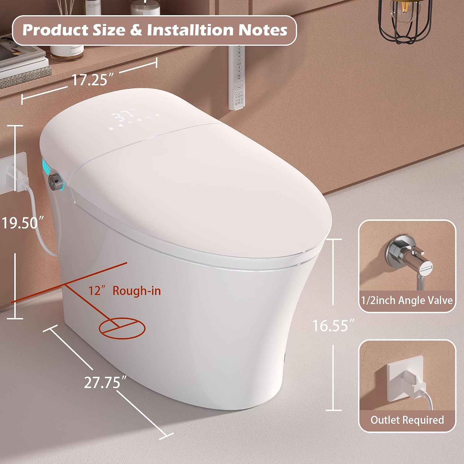 WinZo Smart Toilet With Bidet, ADA One-Piece Elongated, Auto Open/Close & Flush, Heated Seat, Front & Rear Wash, LED Display, Night Light, 12-inch Rough-in, White, Ceramic (White)
