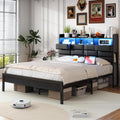 Full Size Black Bed Frame with 2 Storage Drawers and Charging Station, Upholstered Bed Frame with PU Leather Headboard LED Lights, Metal Slats Support, No Box Spring Needed, Noise Free