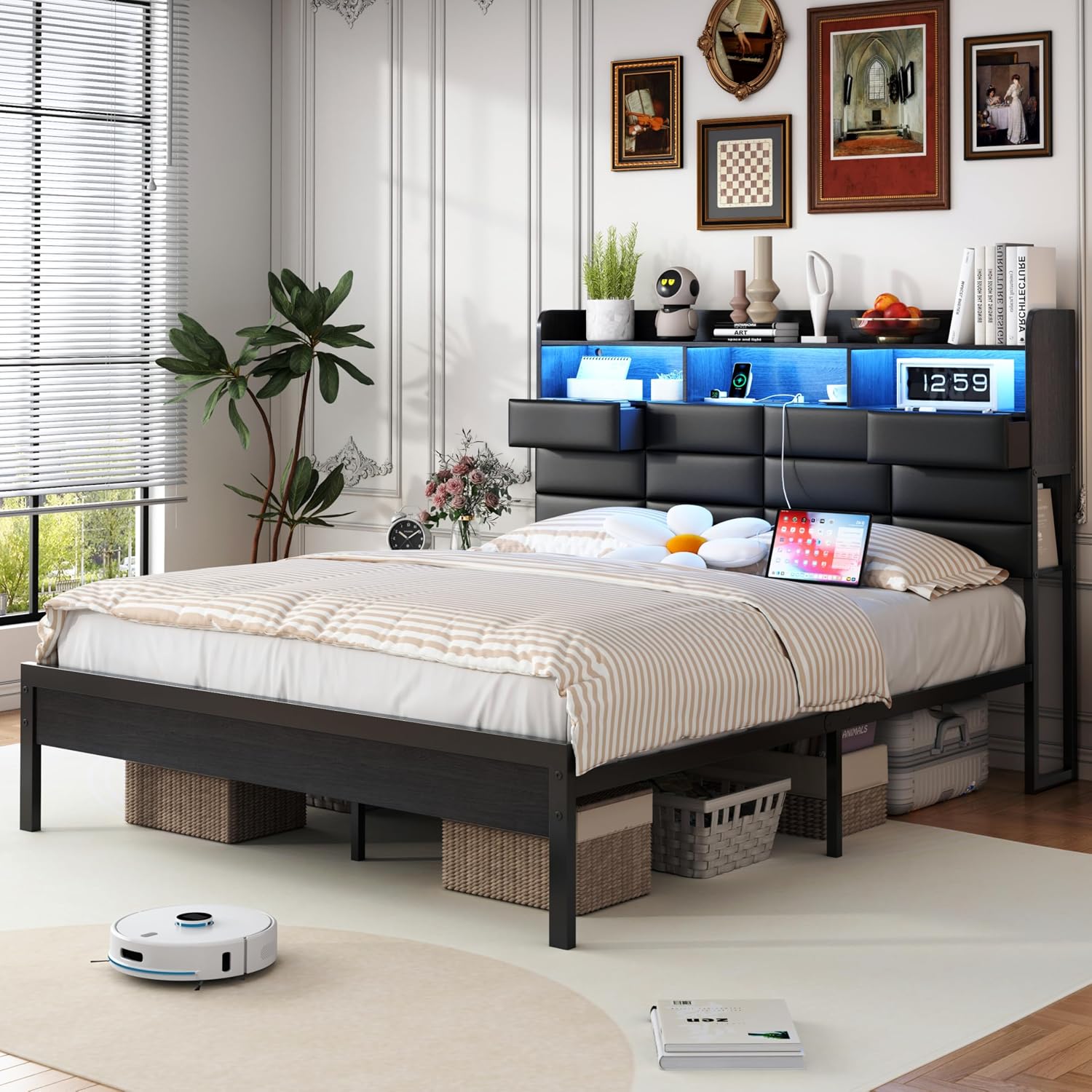 Queen Size Black Bed Frame with 2 Storage Drawers and Charging Station, Upholstered Bed Frame with PU Leather Headboard LED Lights, Metal Slats Support, No Box Spring Needed, Noise Free