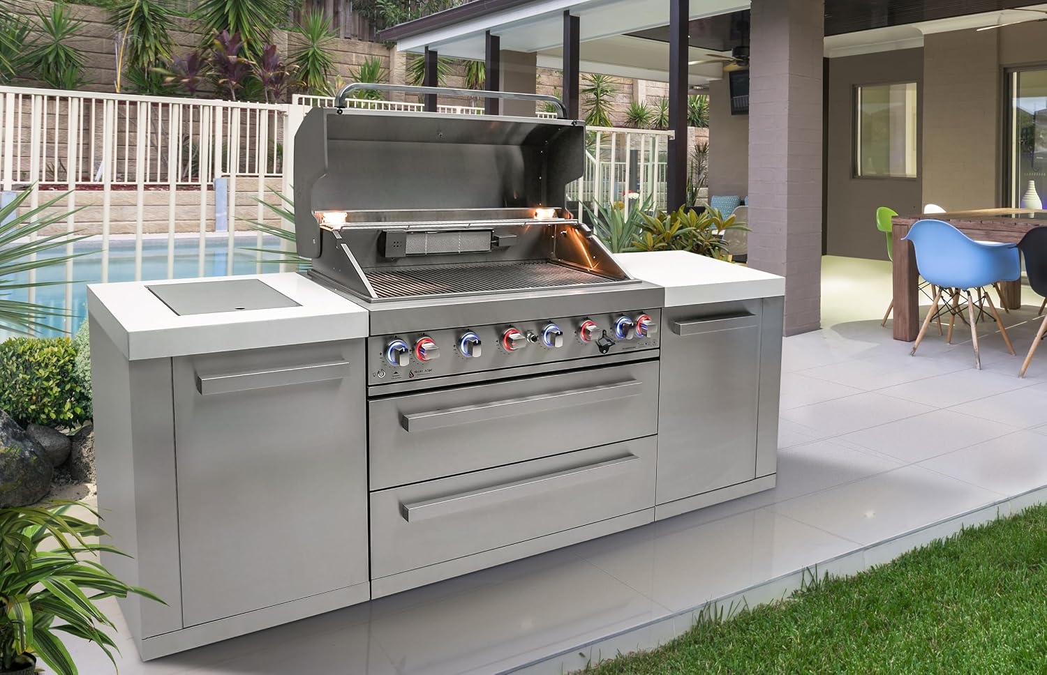 Mont Alpi Premium 94'W x 23'D x 46'H Stainless Steel Modular Outdoor Kitchen Island with Infrared Side Burner + 44'W 6-Burner BBQ Gas Grill + White Granite Countertops + Storage Cabinets & Drawers