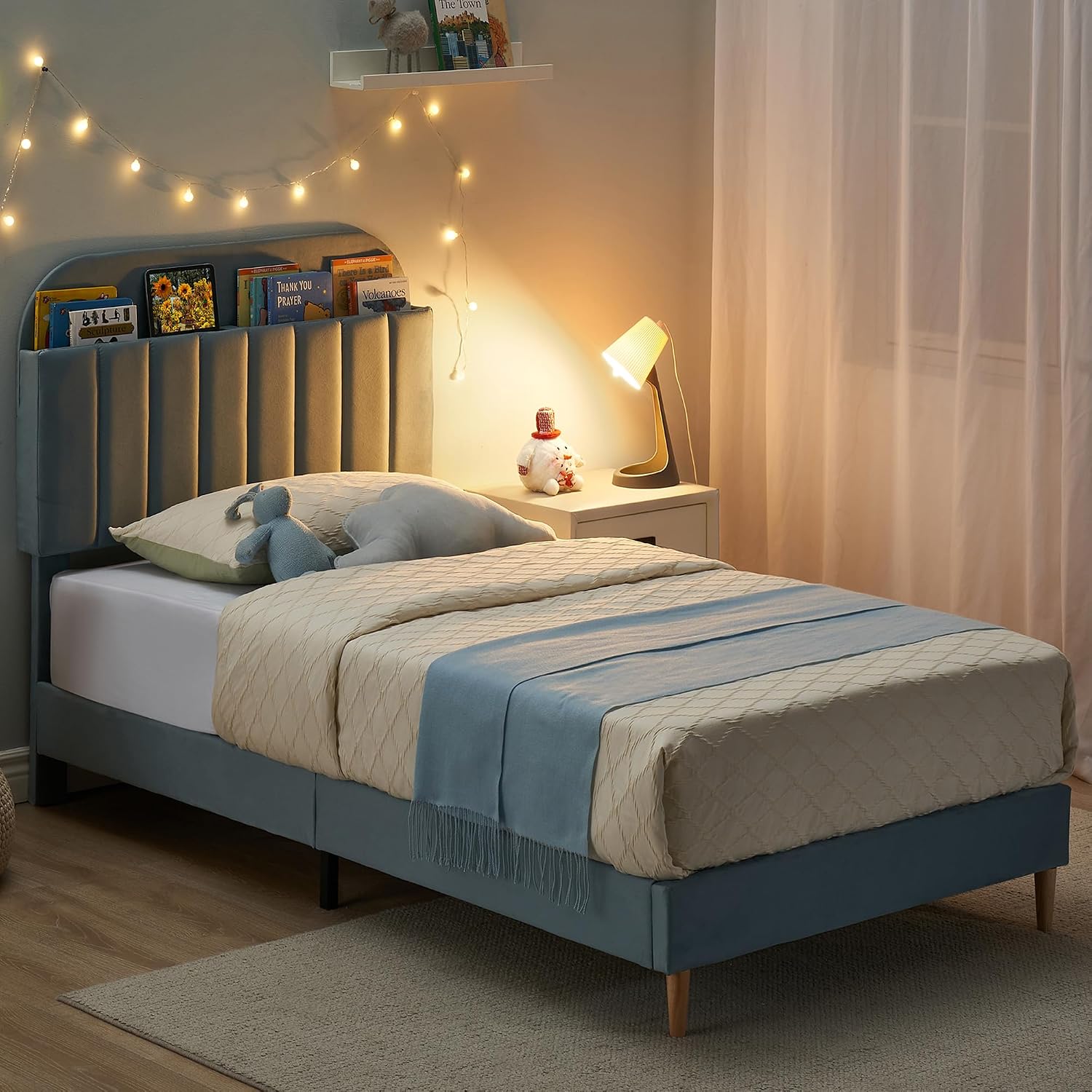 IDEALHOUSE 2PCS Twin Bed Frames, Upholstered Platform Bed Frame with Bookcase Headboard, Velvet Platform Bed Mattress Foundation, Heavy Duty Steel Support Legs, Easy Assembly, Noise Free, Blue