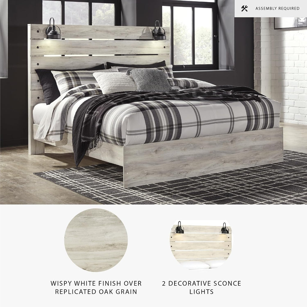 Signature Design by Ashley Cambeck Farmhouse King Panel Bed with Sconce Lights and USB Ports, Foundation or Box Spring Needed, Whitewash