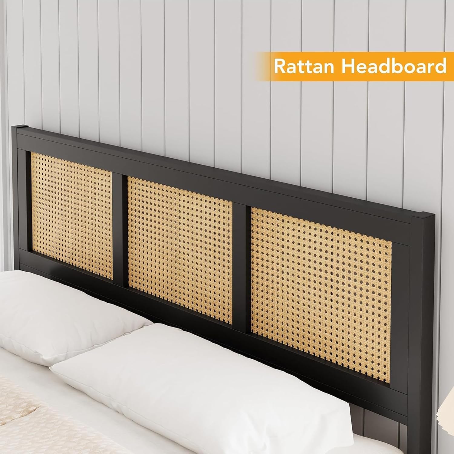 GarveeHome Queen Size Rattan Bed Frame with Headboard, Black Boho Cane Platform Bed Frame with Strong Metal Slat, Noise Free, No Box Spring Needed