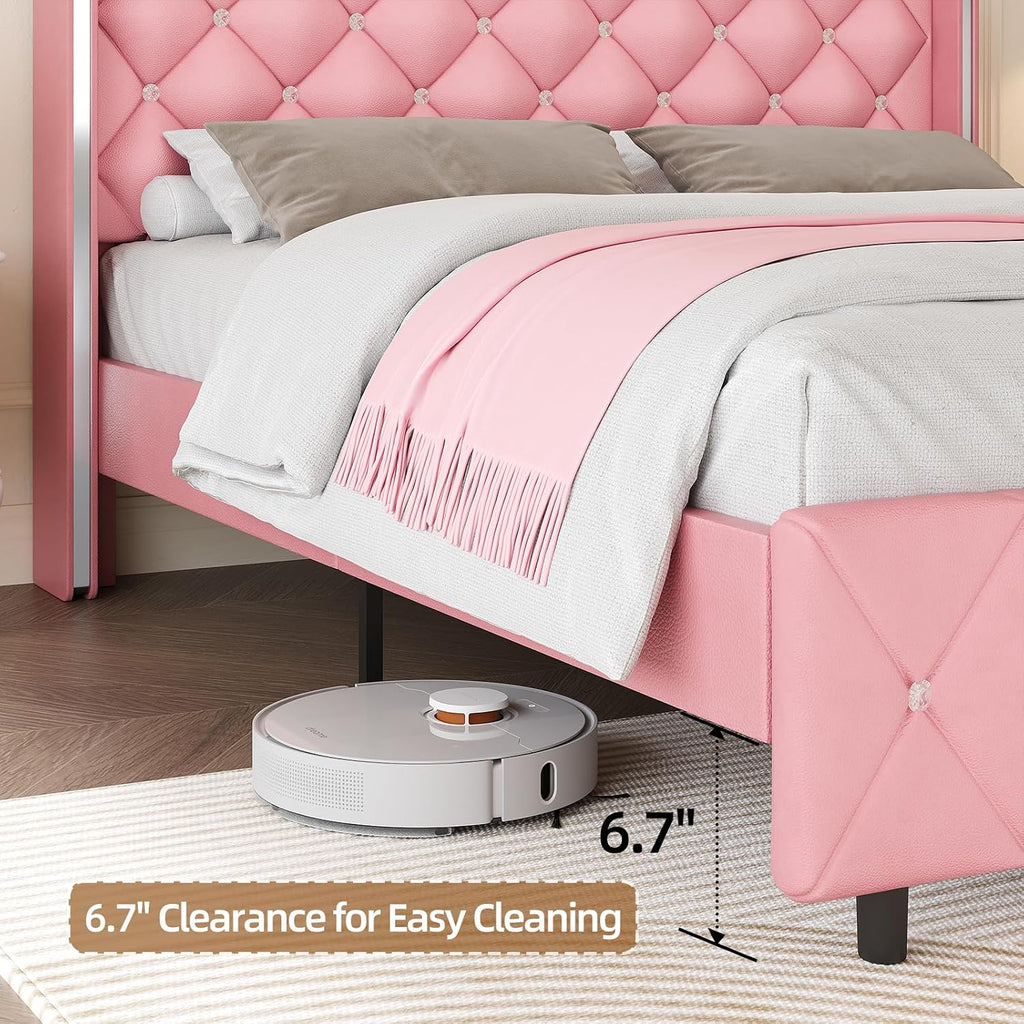 HOMBCK Twin Bed Frame with Headboard, Faux Leather Upholstered Bed with Diamond Tufted Design, Girls' Twin Bed Frames for Kids, No Box Spring Required, Easy Assembly, Pink