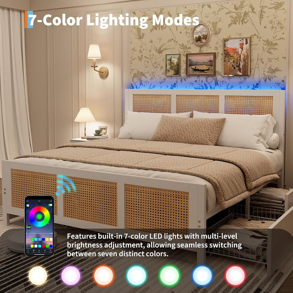 GarveeHome White Rattan Bed Frame with Headboard, Boho Cane Platform Queen Bed Frame with 4 Drawers, Strong Metal Slats Support, Noise Free, No Box Spring Needed