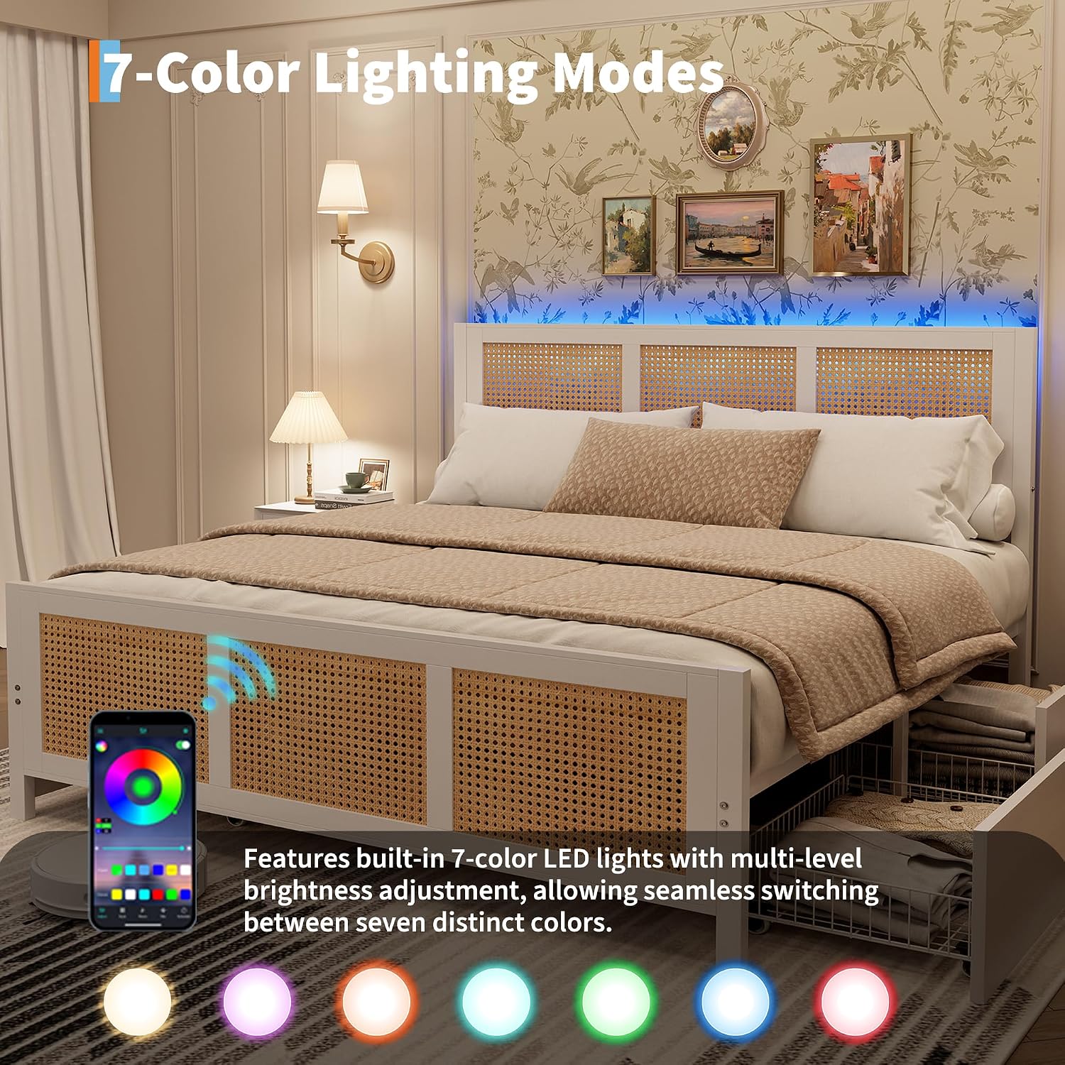 GarveeHome White Rattan Bed Frame with Headboard, Boho Cane Platform Queen Bed Frame with 4 Drawers, Strong Metal Slats Support, Noise Free, No Box Spring Needed