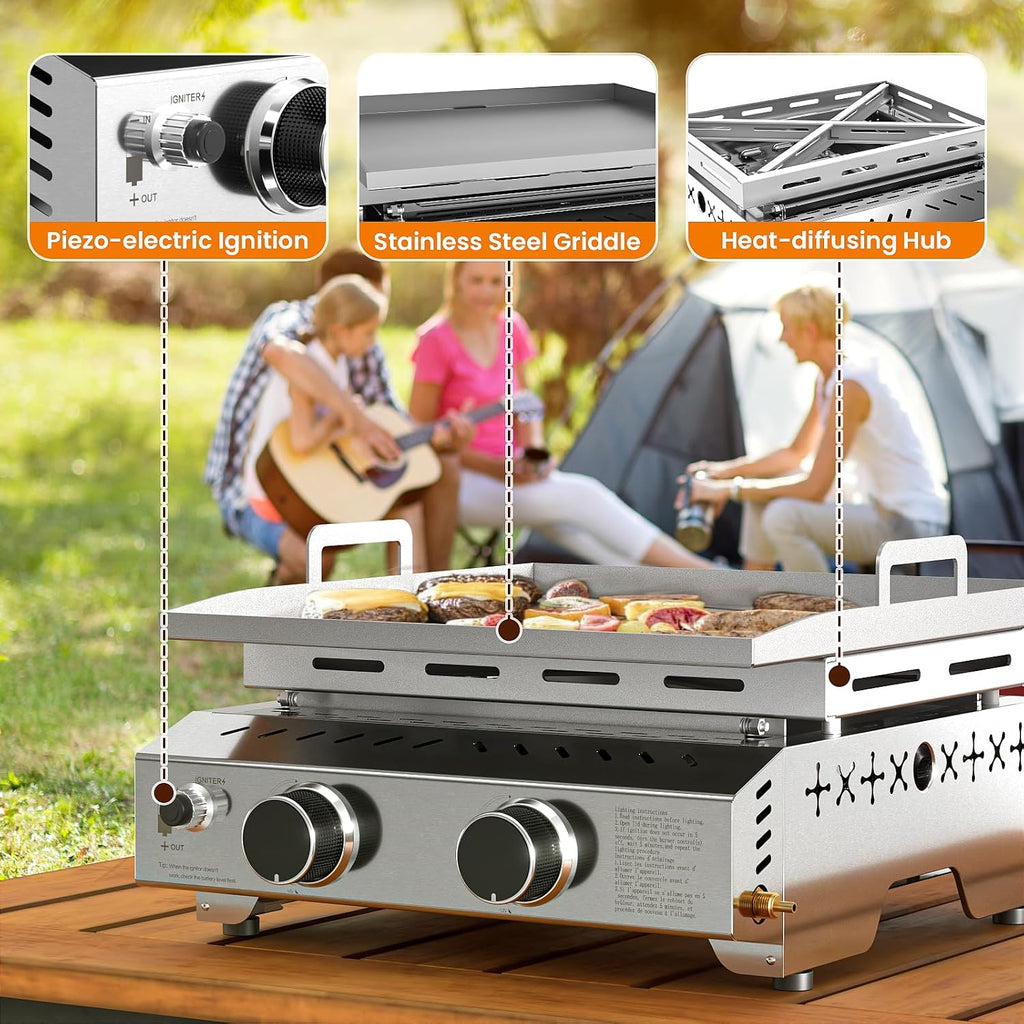 WAA Portable Propane Griddle, 16000BTU Tabletop Portable Propane Gas Grill with 2 Burners, Stainless Steel Flat Top Grill, Outdoor Cooking for Tailgating,Camping, RVs, BBQ, Patio, Silver