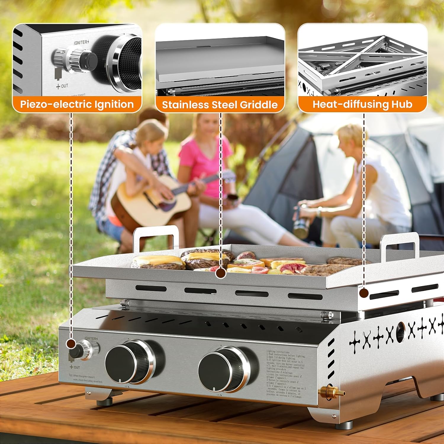 WAA Portable Propane Griddle, 16000BTU Tabletop Portable Propane Gas Grill with 2 Burners, Stainless Steel Flat Top Grill, Outdoor Cooking for Tailgating,Camping, RVs, BBQ, Patio, Silver