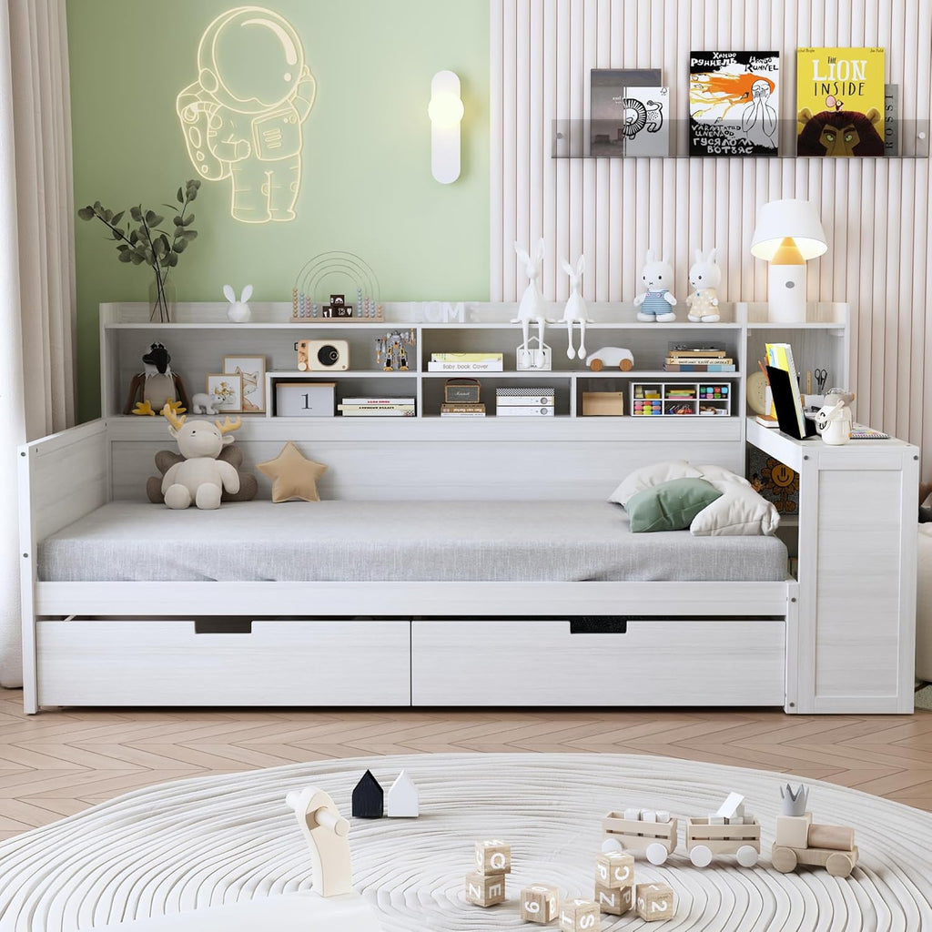 Twin Size Daybed with Desk,Storage Drawers and Shelves, Pine Wood Captains Bed Frame with Bookcase and Headboard for Kids Boys Girls Teens, Antique White