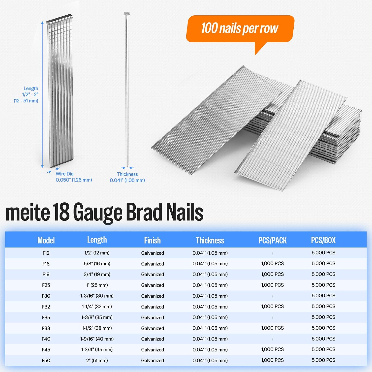 meite Brad Nails 1-3/8-Inch, 18 Gauge F35 Galvanized Brad Nail for Pneumatic, Electric 18GA Brad Nailer Gun (1 Case - 12 Boxes)