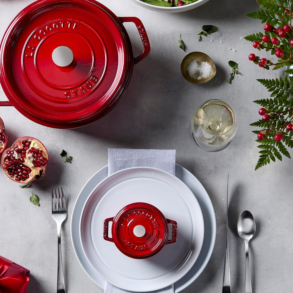 Staub Cast Iron Round Cocotte, Dutch Oven, 4-quart, serves 3-4, Made in France, Cherry