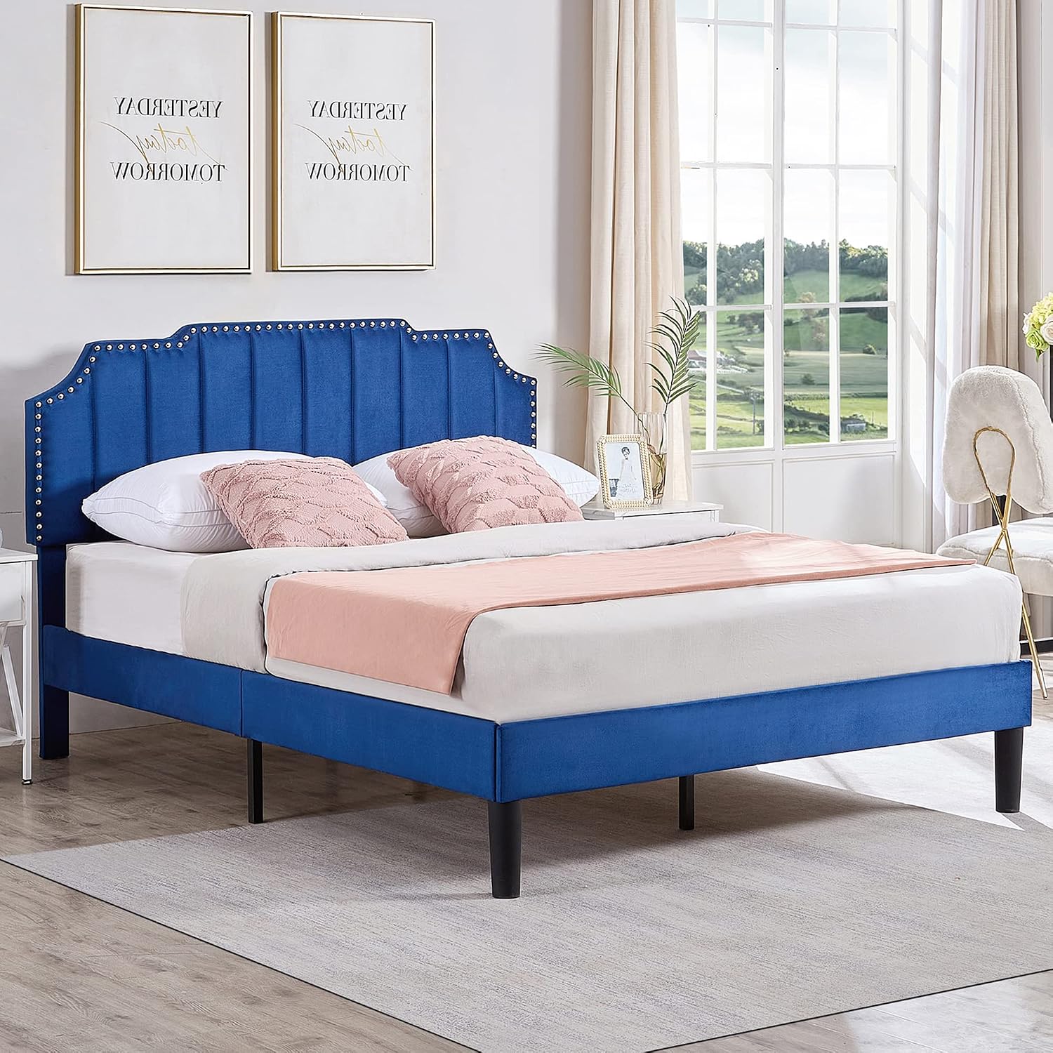 VECELO Full Upholstered Platform Bed Frame with Tufted Adjustable Headboard/Mattress Foundation/Wood Slat Support,Easy Assembly,Navy Blue