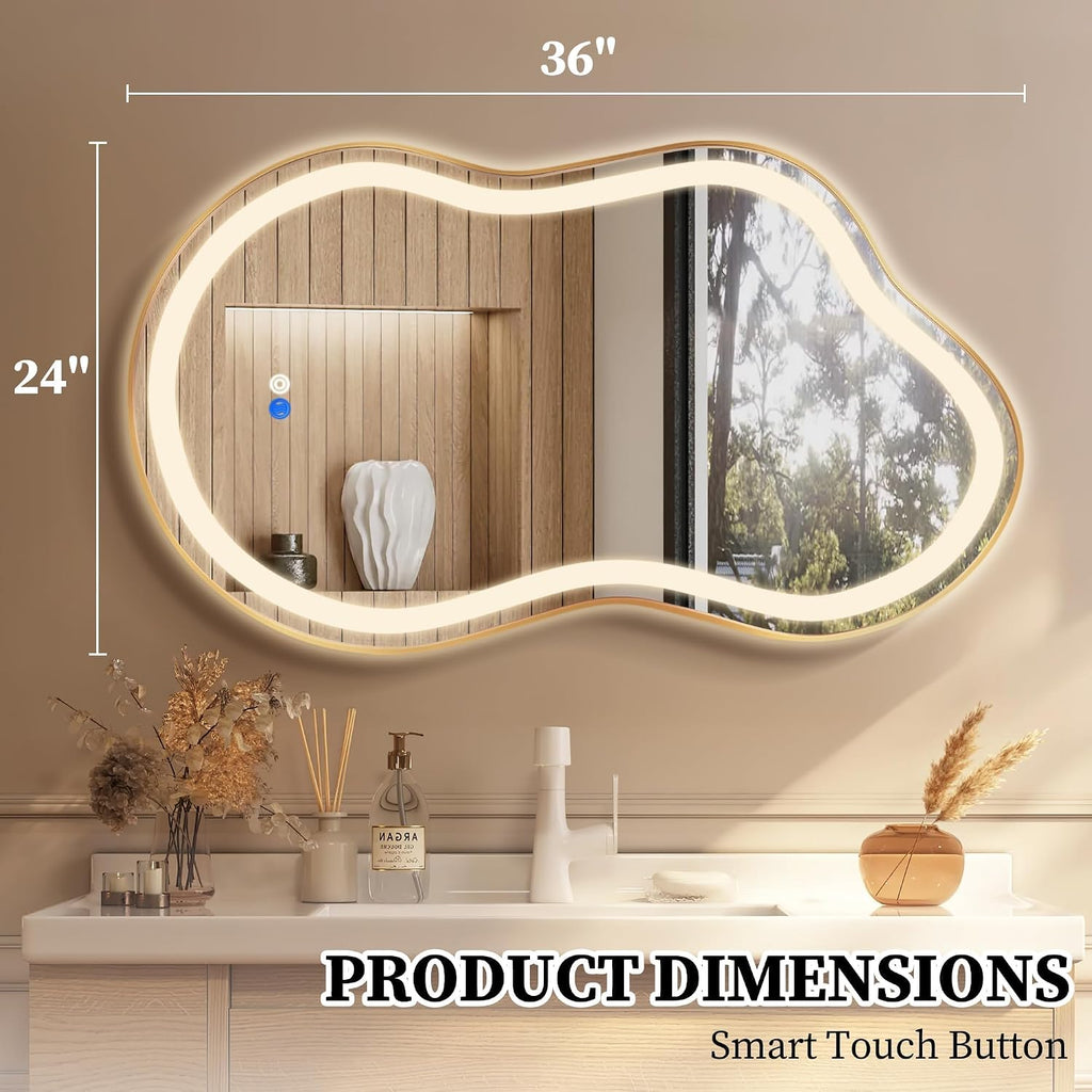 Irregular LED Bathroom Mirror with Lights, Cloud Smart Backlit Mirror, Dimmable Lighted Bathroom Gold Mirror with Anti-Fog, Asymmetrical Vanity Mirror Hangable 2 Ways (Gold, 24 x 36, 1 Pack)