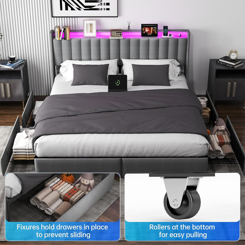UINTAI King Size Bed Frame with LED Lights and Charging Station, Upholstered Platform Bed with Storage Headboard and 4 Drawers, Metal Slat Support, Noise-Free, No Box Spring Needed, Easy Assembly