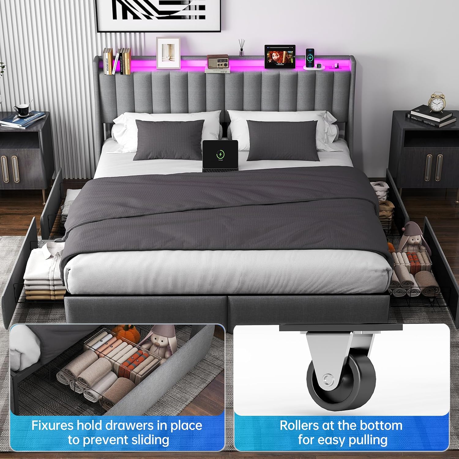 UINTAI King Size Bed Frame with LED Lights and Charging Station, Upholstered Platform Bed with Storage Headboard and 4 Drawers, Metal Slat Support, Noise-Free, No Box Spring Needed, Easy Assembly