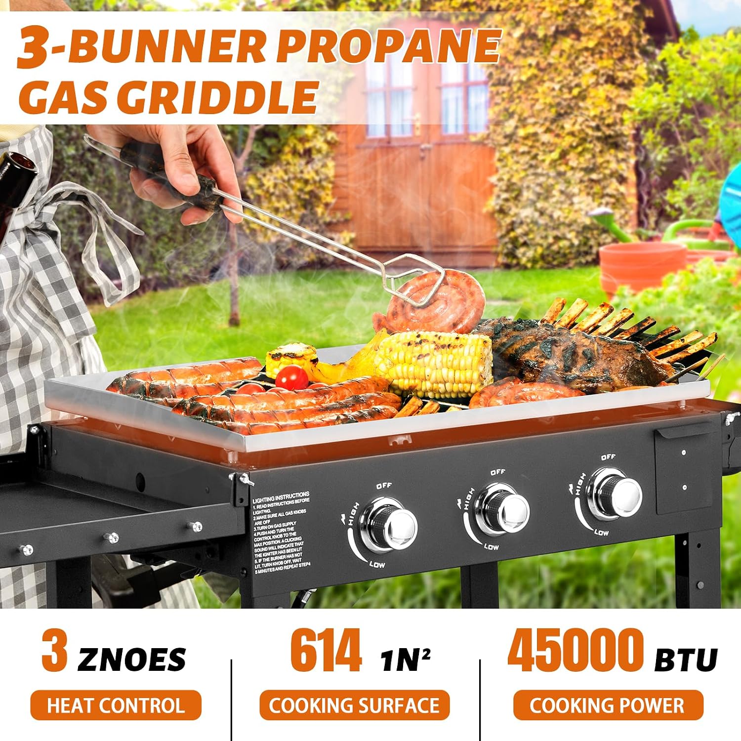 Foldable 3-Burner Flat Top Gas Griddle, 45,000 Btu Portable Outdoor Griddle Station with Side Shelves and Wheels, Propane Camping Griddle for Outdoor Kitchen Backyard Travel Rv