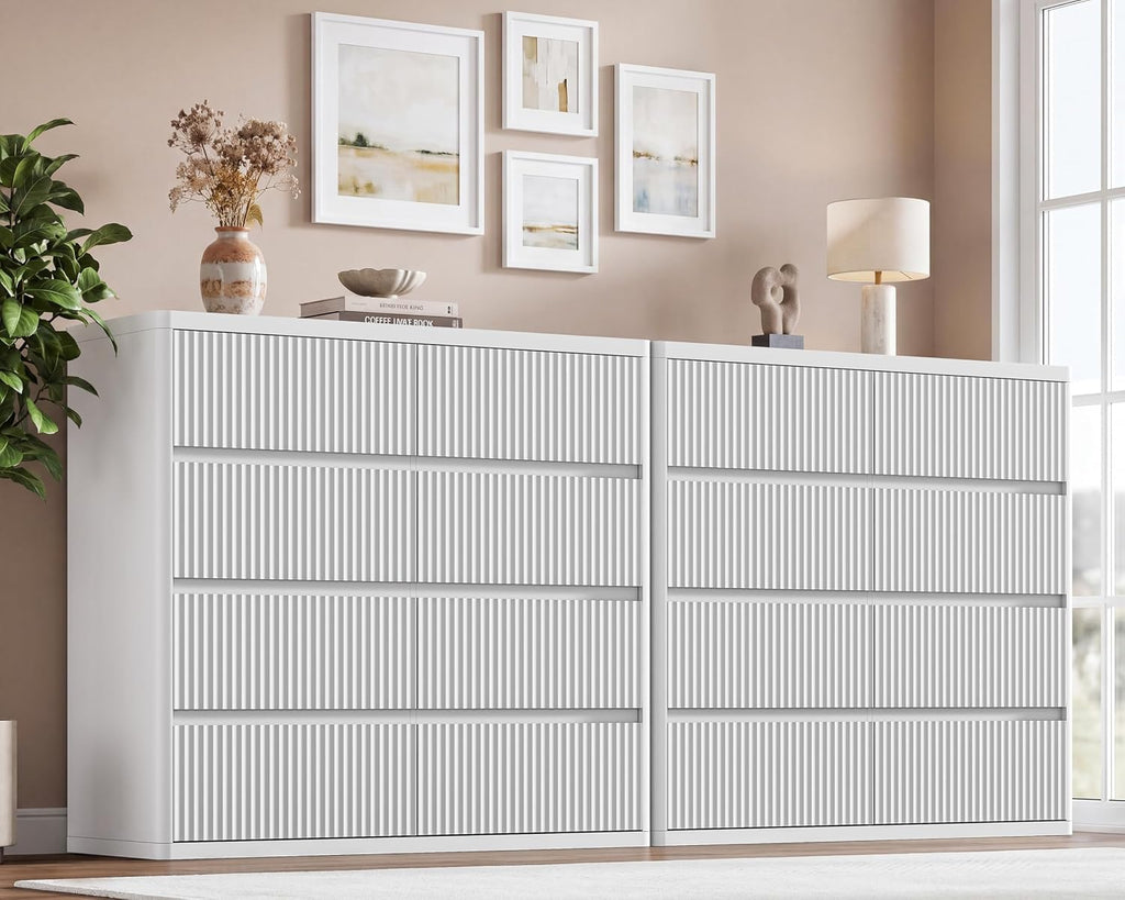 Standifurno White 8 Drawer Dresser, Modern Fluted Dressers & Chest of Drawers for Bedroom, 48' Wide Dresser TV Stand with Deep Drawer, Curved Profile, Wood Organizer for Bedroom, Living Room, Hallway