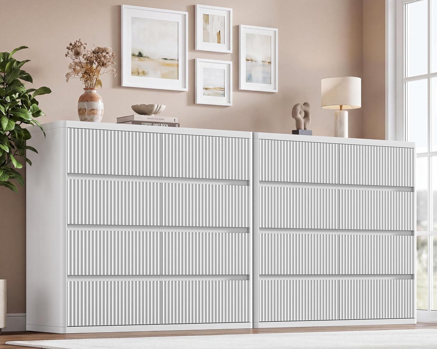 Standifurno White 8 Drawer Dresser, Modern Fluted Dressers & Chest of Drawers for Bedroom, 48' Wide Dresser TV Stand with Deep Drawer, Curved Profile, Wood Organizer for Bedroom, Living Room, Hallway