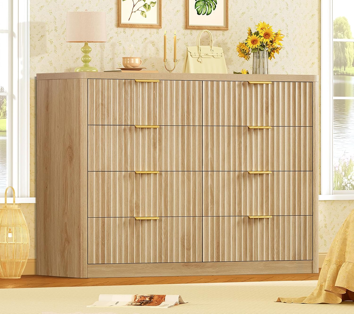 TEENOFN Fluted Dresser for Bedroom with 8 Drawers, 47.2' Wide Modern Chest of Drawers with Metal Handle, Dresser TV Stand, Wood Closet Clothes Storage Organizer for Living Room, Hallway, Natural