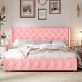 HOMBCK King Bed Frame and Headboard, Faux Leather Upholstered Bed with Wingback Design, Pink Bed Frame with Diamond, No Box Spring Needed, Easy Assembly, Pink