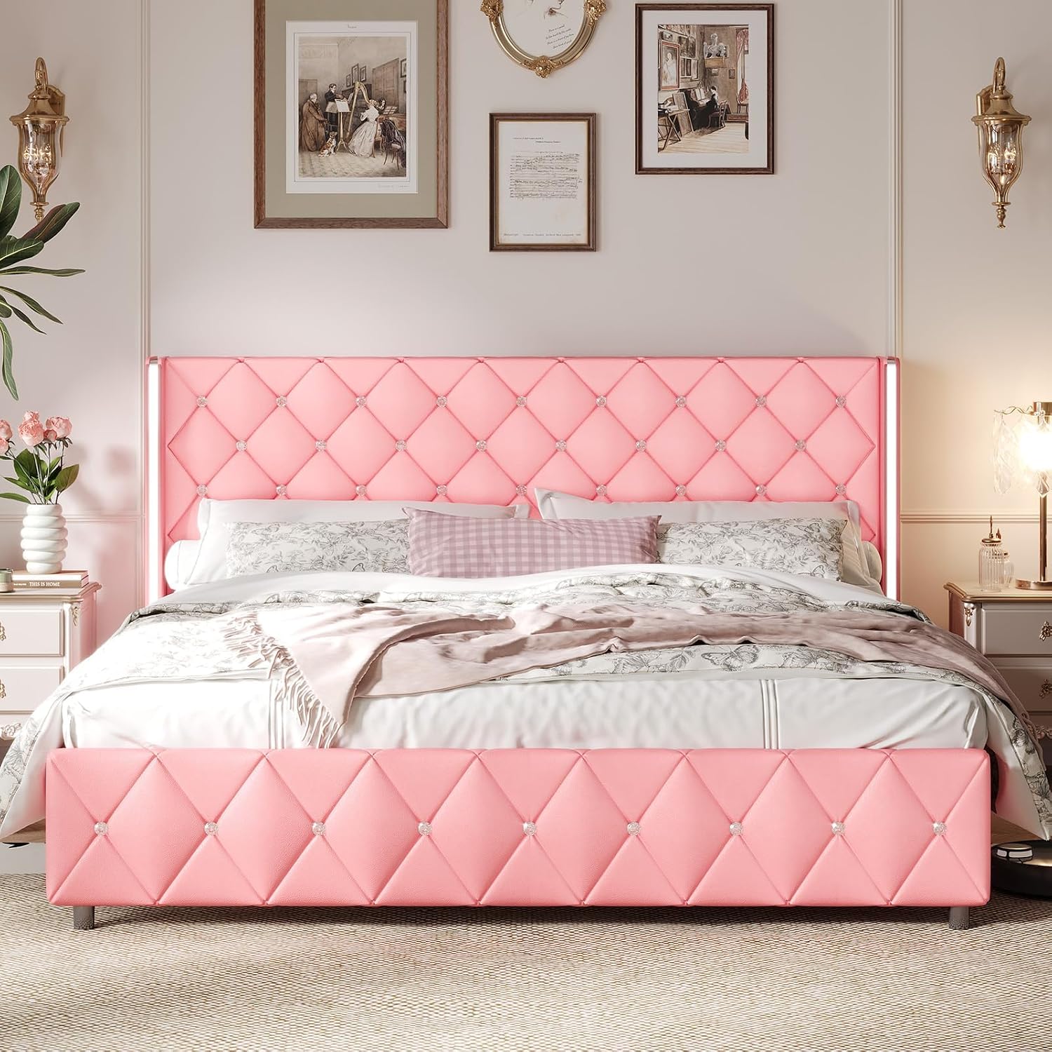 HOMBCK King Bed Frame and Headboard, Faux Leather Upholstered Bed with Wingback Design, Pink Bed Frame with Diamond, No Box Spring Needed, Easy Assembly, Pink